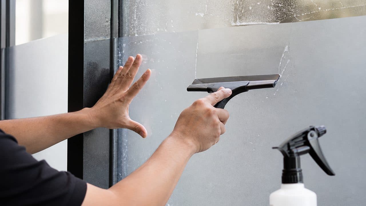 スキージで水と空気を抜きながらフォグラスを貼る施工のイメージ