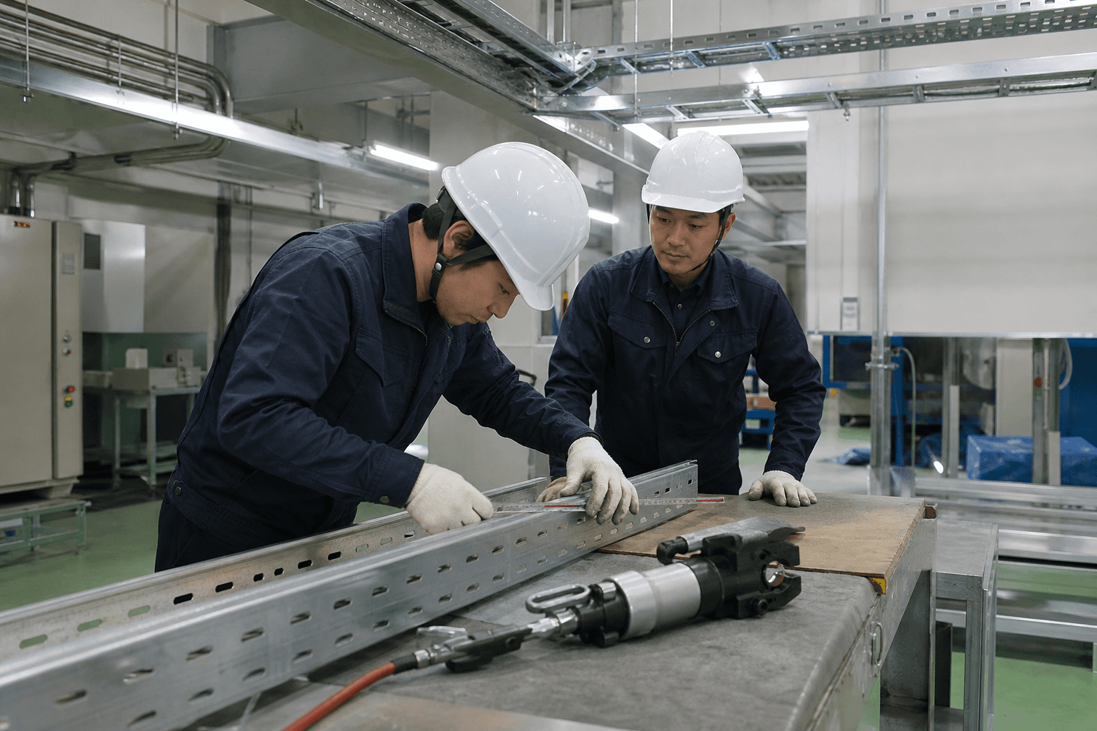 工場の電気工事現場でケーブルラックを現場合わせで加工するイメージ