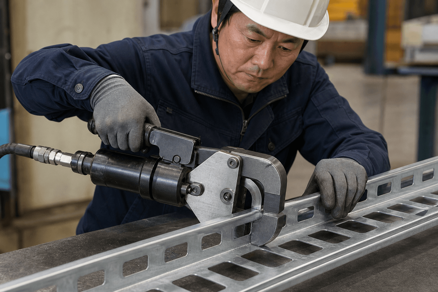 油圧式の専用工具でケーブルラック親桁を加工するイメージ