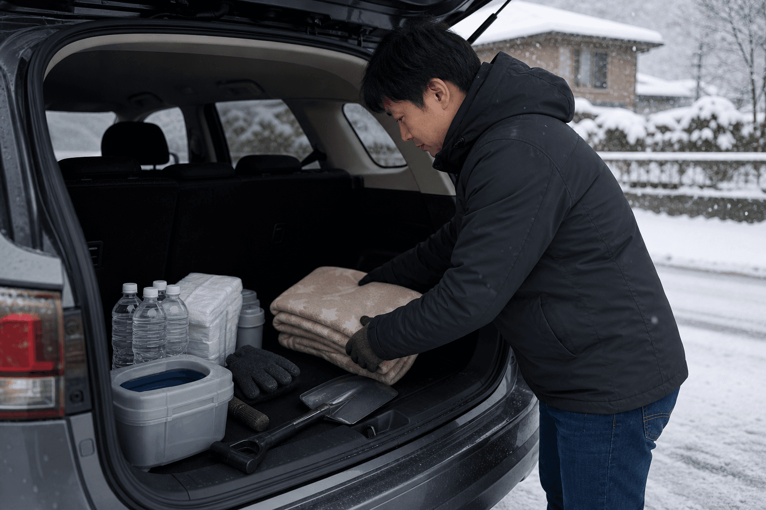 大雪の立ち往生に備えて毛布・水・携帯トイレ等を積むイメージ