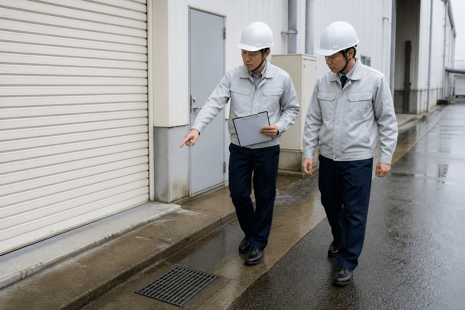 工場のシャッターや通用口など浸水経路を事前確認するイメージ