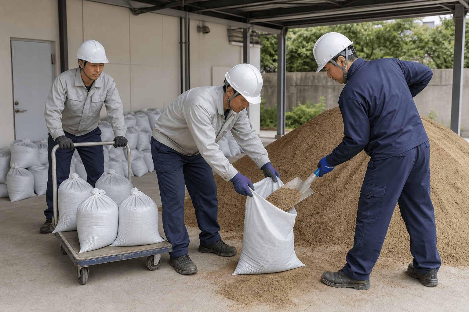 法人の水害訓練で普通土のうを複数人で製作するイメージ