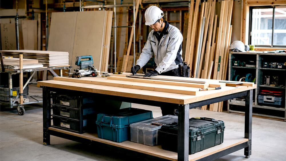 建築現場で足場台と工具を確認する現場責任者