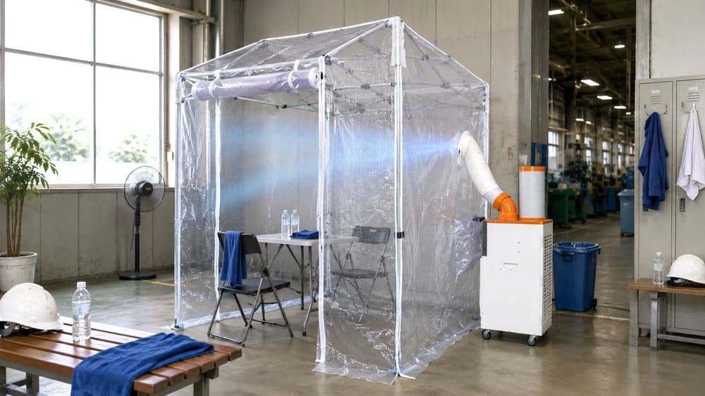 スポットクーラーとクーラーテントで現場休憩所を涼しくするイメージ