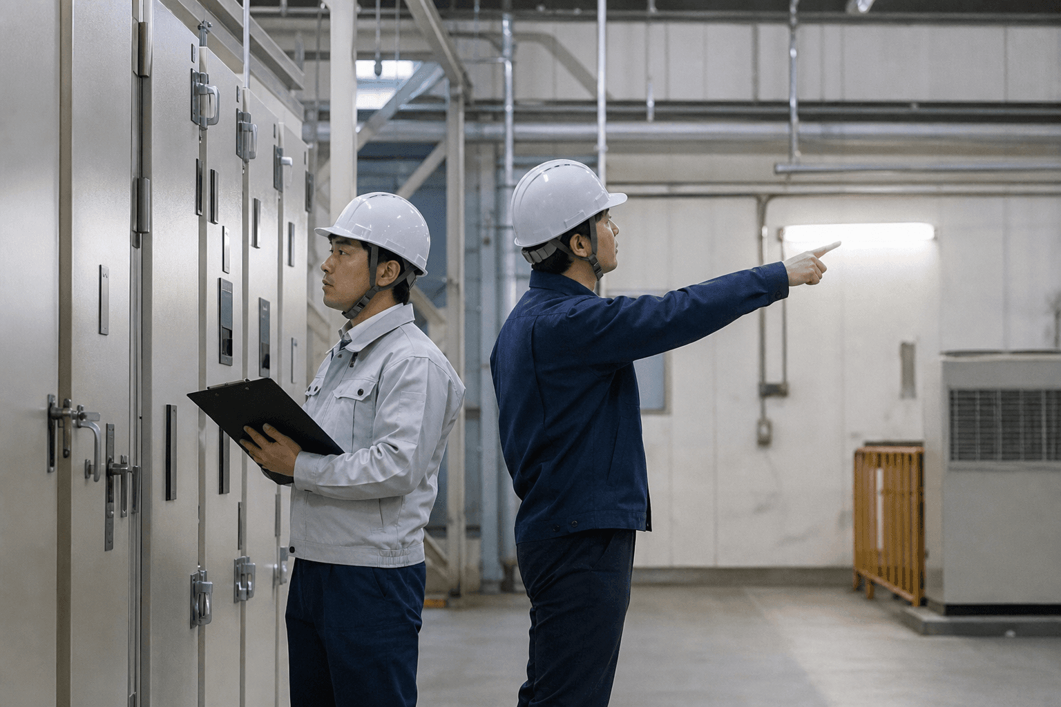 設備担当者が200V電源とヒーター設置条件を確認するイメージ