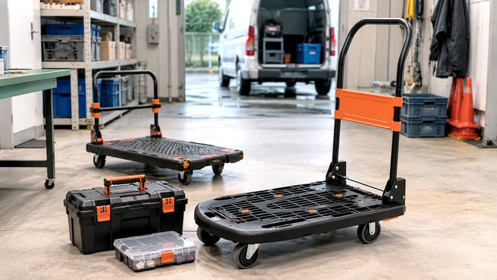 台車と工具ボックスや小物搬送用品を組み合わせた運用イメージ