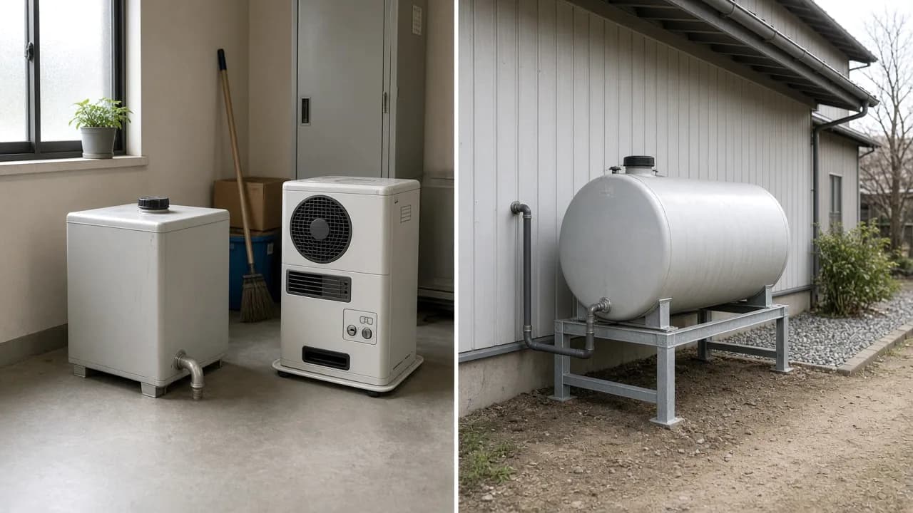 室内用角型灯油タンクと屋外用ホームタンクの設置イメージ