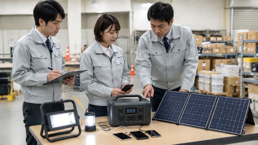会社や現場でポータブル電源とソーラーパネルを使うイメージ