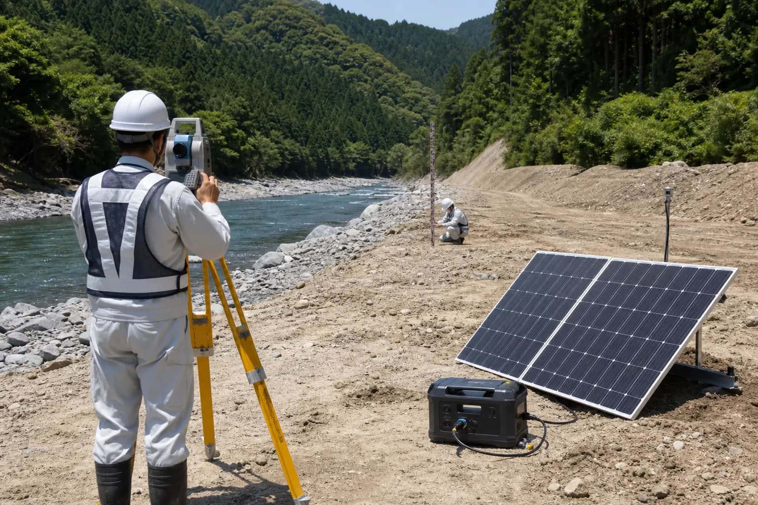 商用電源が取りにくい河川工事でポータブル電源を使うイメージ