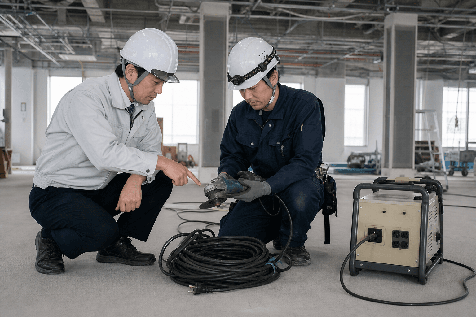 工事現場で100V電動工具のパワー不足と電源条件を確認するイメージ