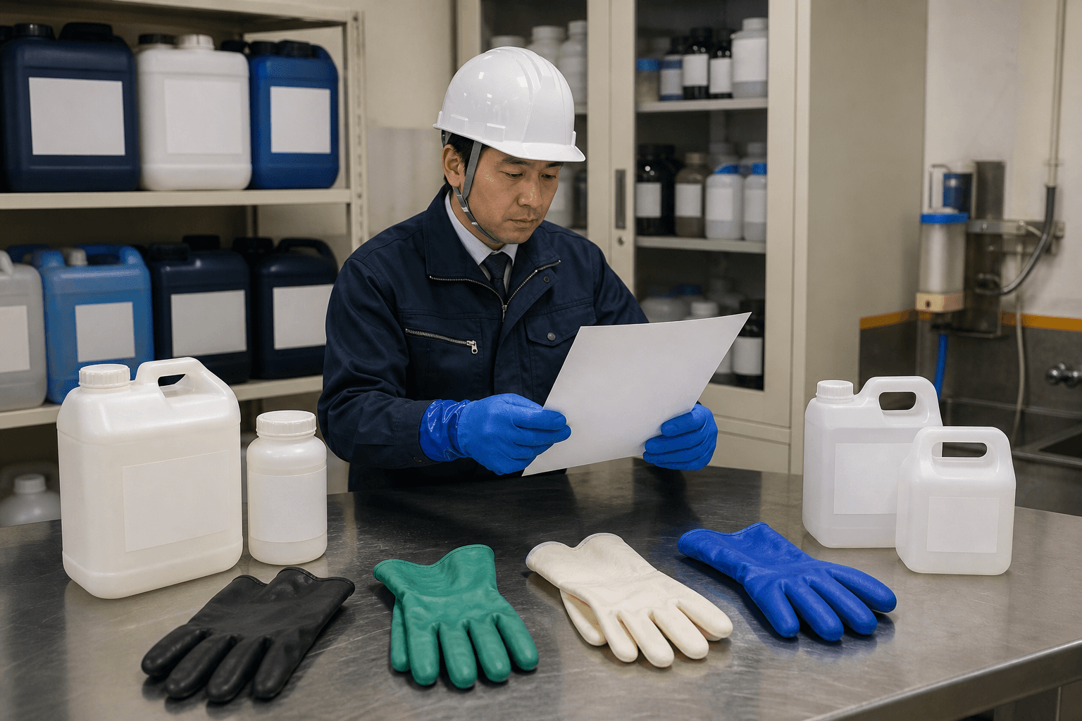 SDSと作業内容を確認しながら化学防護手袋を選ぶイメージ