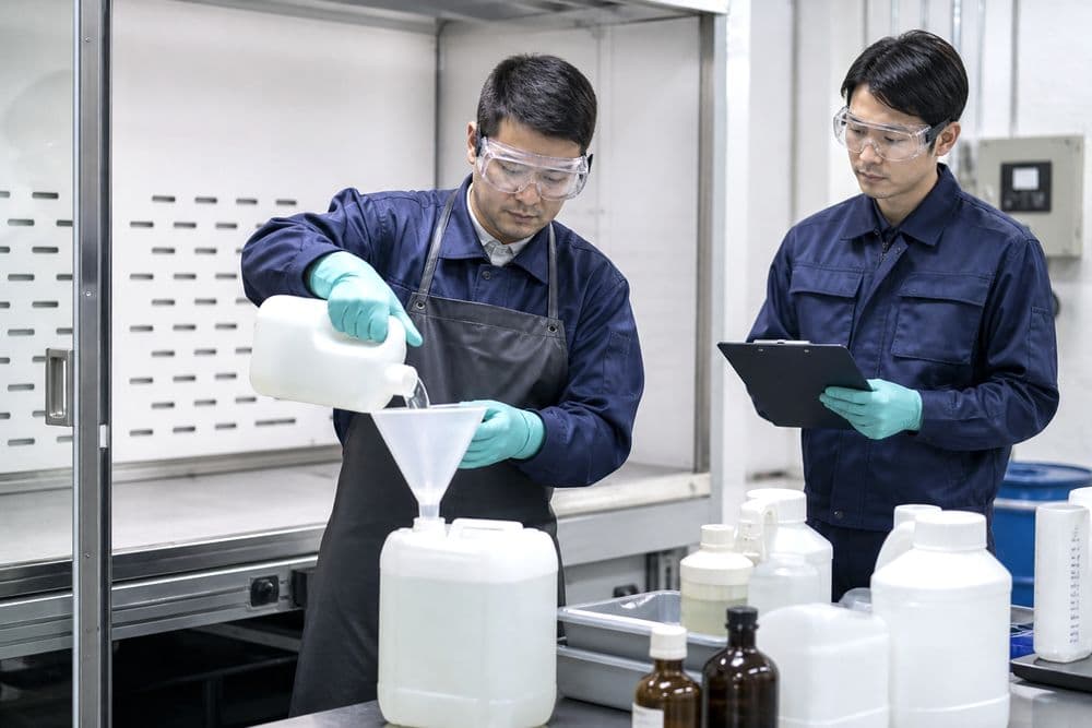 薬液飛沫がある作業で保護ゴーグルを使用するイメージ
