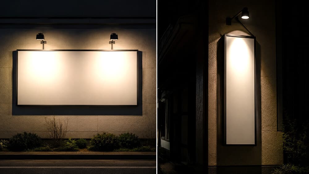 看板照明の広角と狭角の照射イメージ