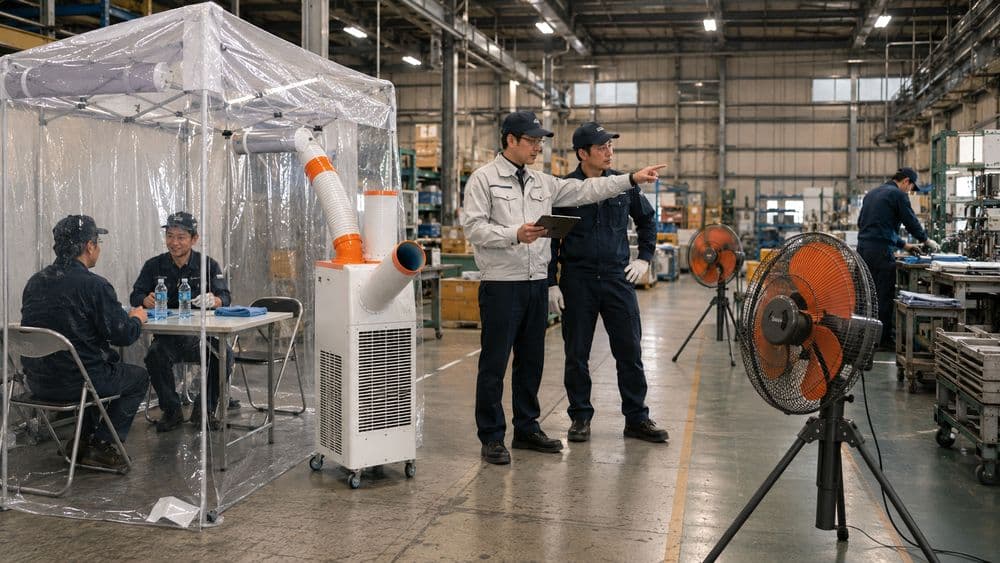 スポットクーラーと工場扇を組み合わせた作業場の空気循環イメージ