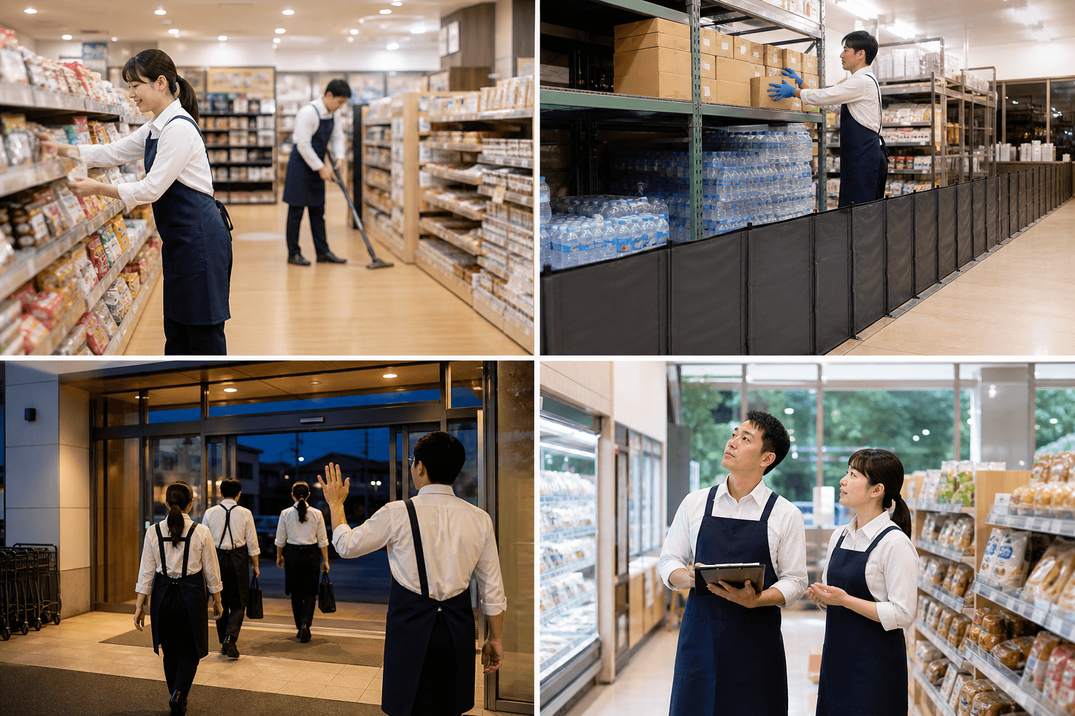 店舗の平時・大雨前・閉店・営業再開を表すイメージ