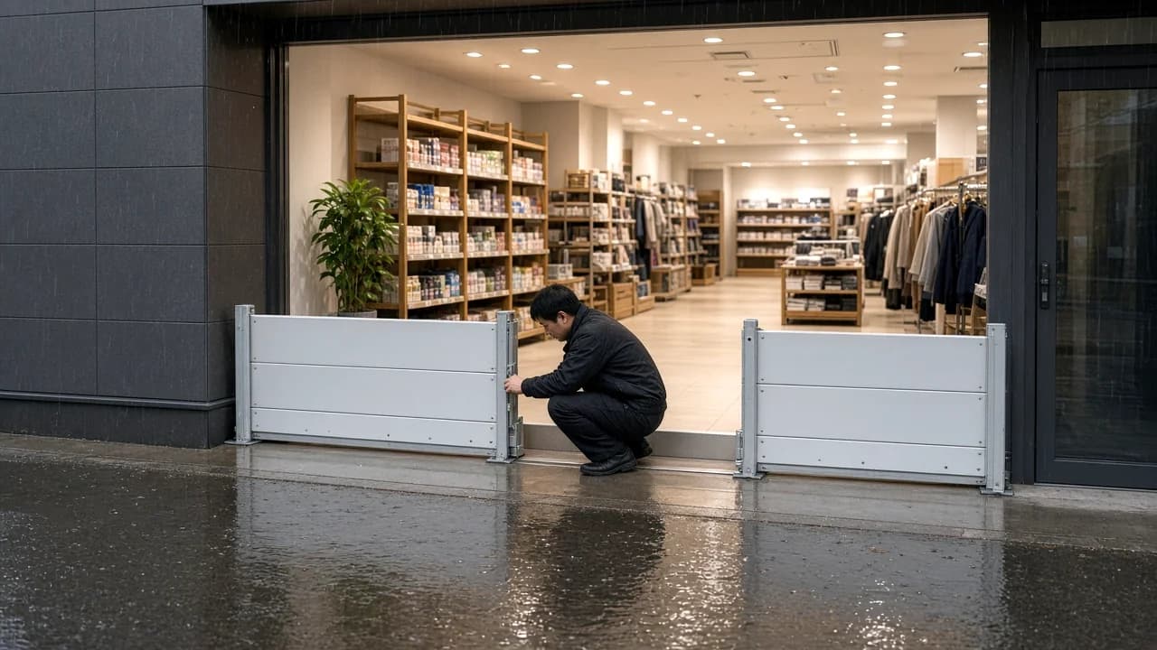 路面店の正面入口に簡易止水板を設置しているイメージ