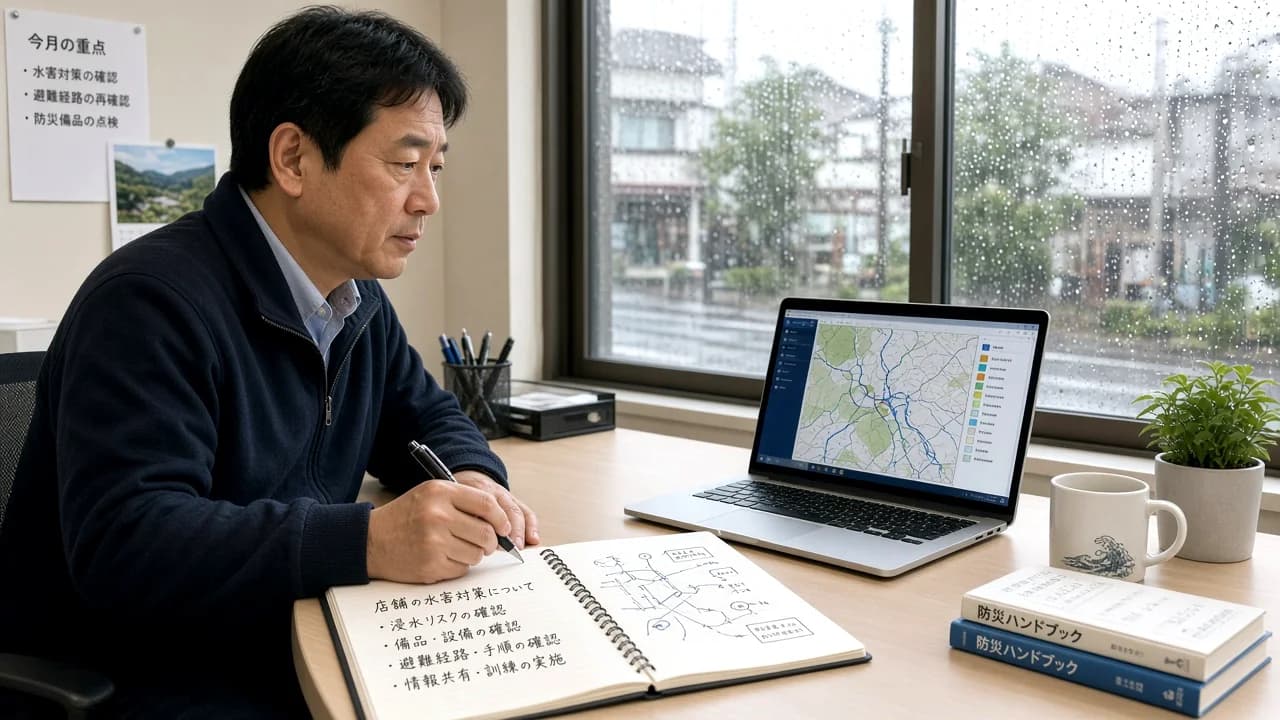 店舗の豪雨対策としてハザードマップと役割分担を確認するデスクのイメージ