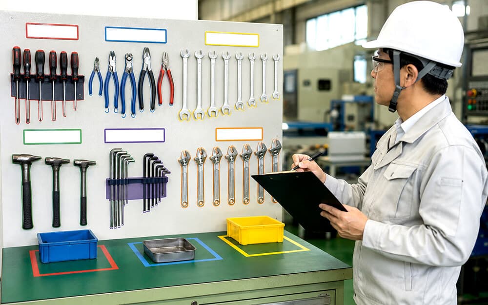 工具の定位置を決めて作業台まわりを整理するイメージ