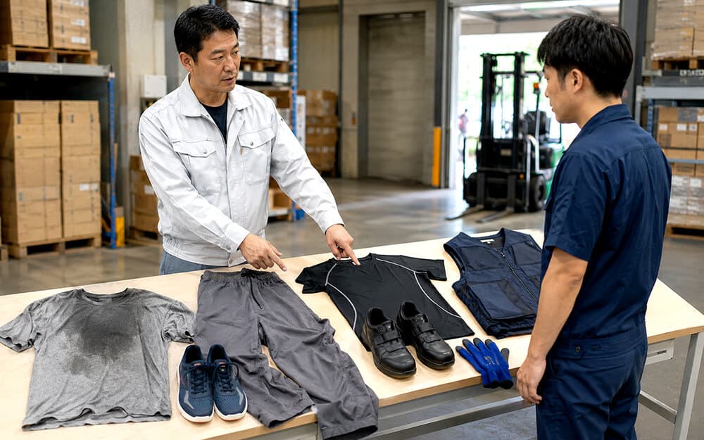 倉庫作業で避けたい夏の服装例を確認する安全担当者