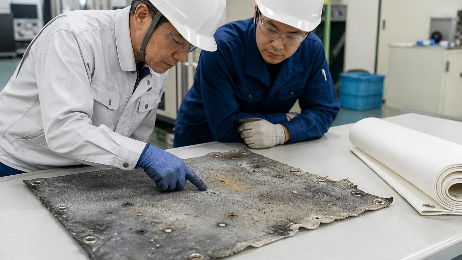 使用後のスパッタシートの穴・焦げ・ほつれを点検するイメージ