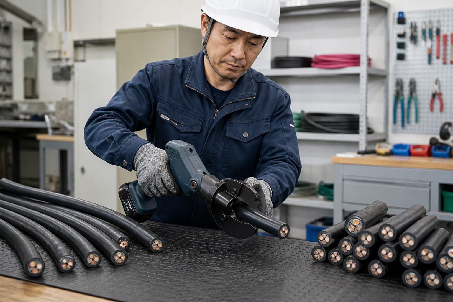 充電式工具で太いケーブルの連続切断を行うイメージ