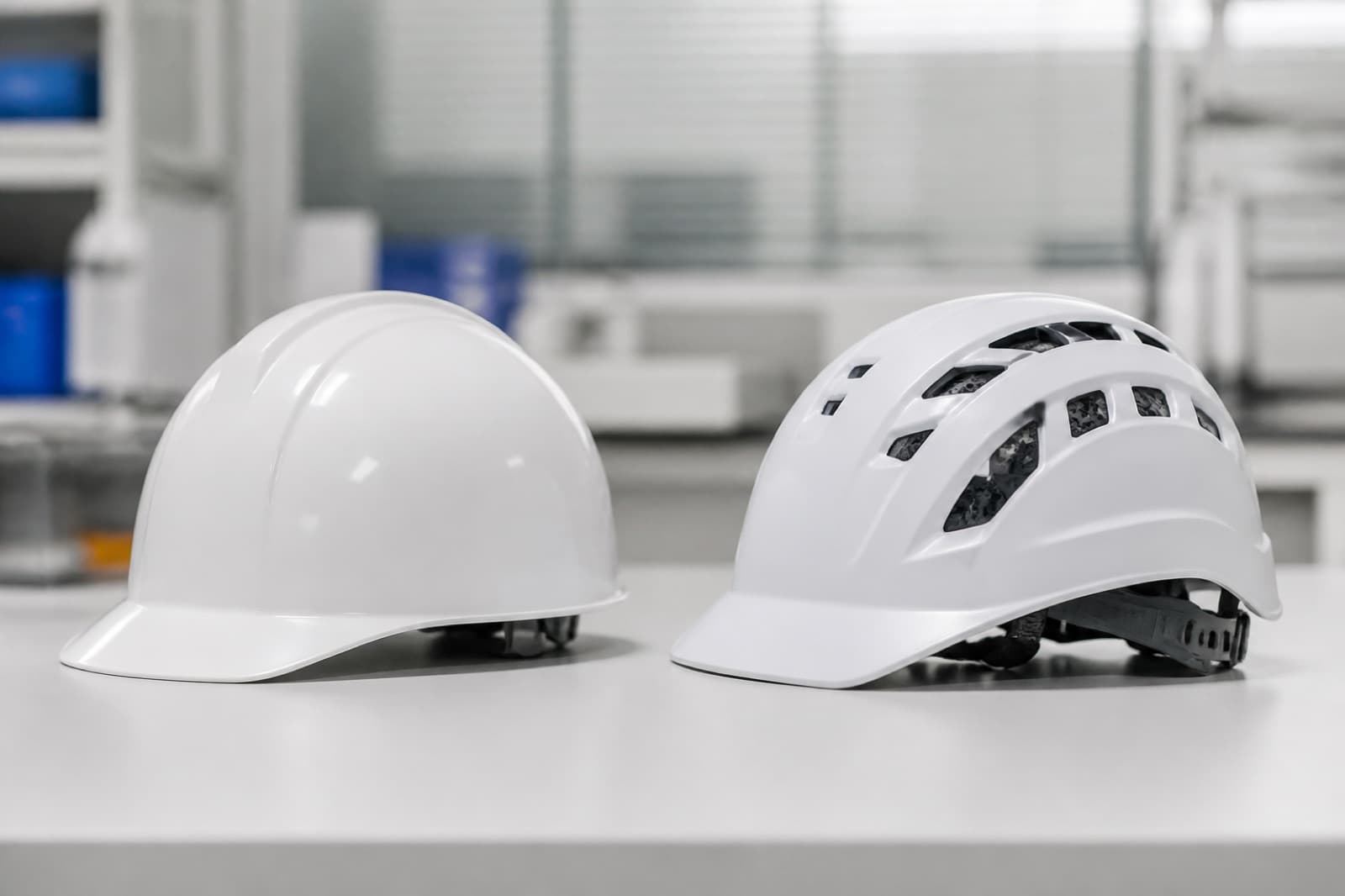 一般的な作業用ヘルメットと高通気タイプを比較するイメージ