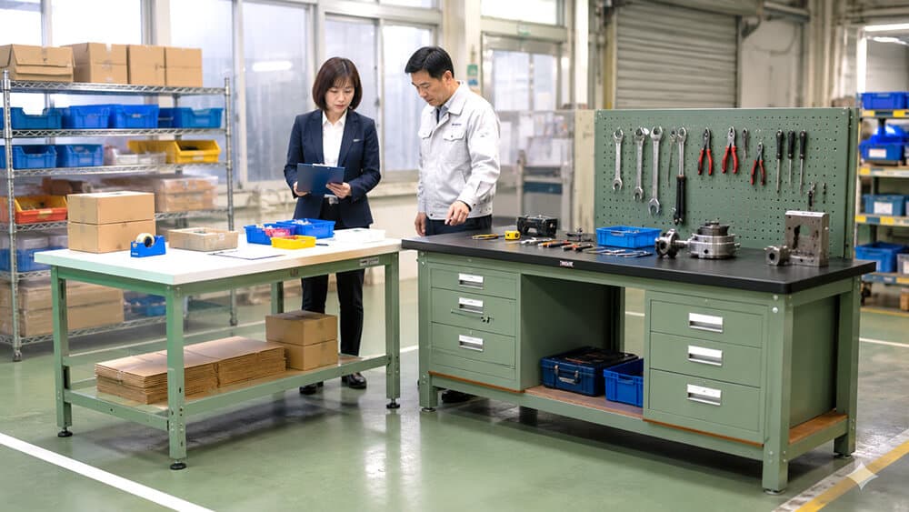 軽量作業台と重量作業台を比較する工場の作業現場