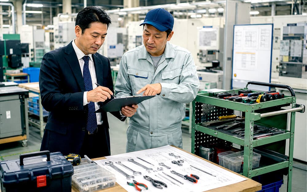 作業台まわりの工具整理チェックリストを確認する購買担当者
