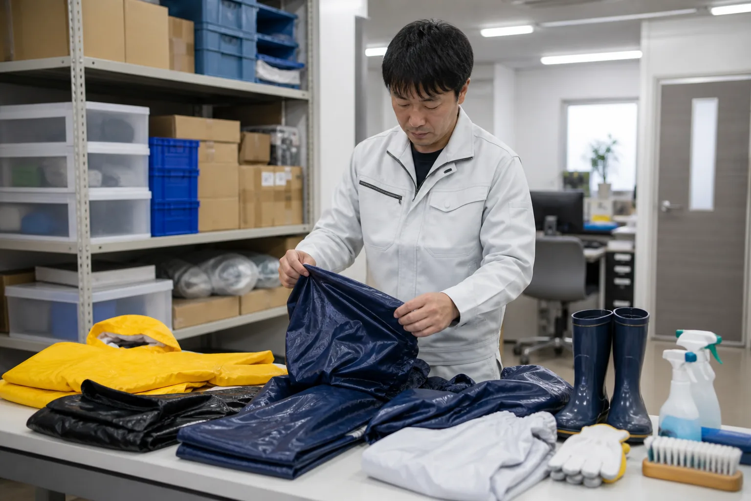 法人がレインウェアや備品の撥水メンテナンスを管理するイメージ