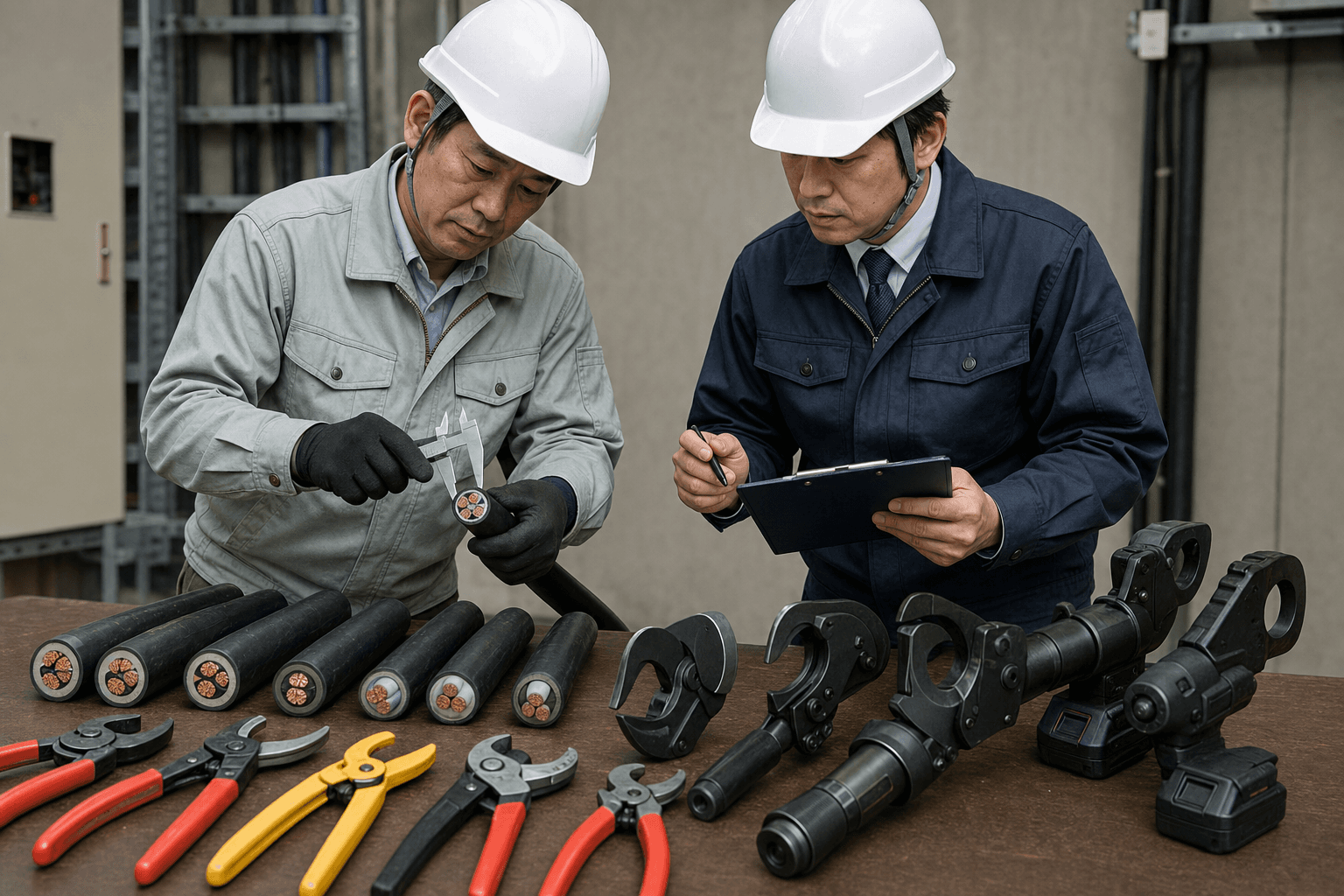 電気工事担当者が複数のケーブルカッターと電線仕様を比較するイメージ