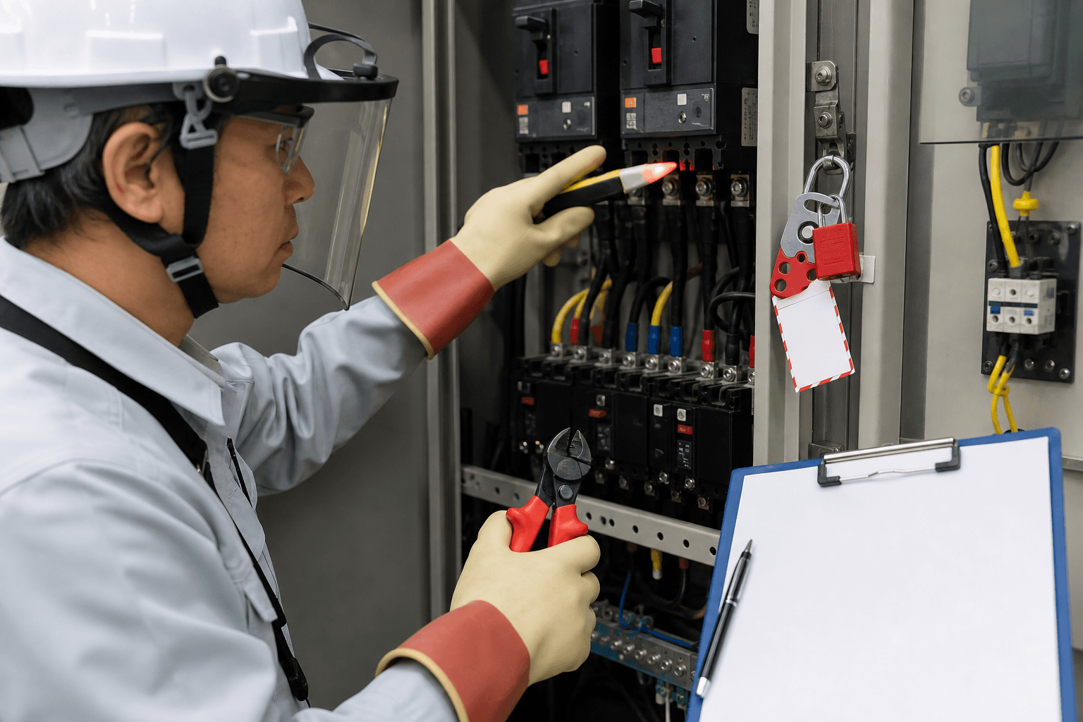 絶縁ケーブルカッターと検電器・保護具を確認する電気工事現場のイメージ