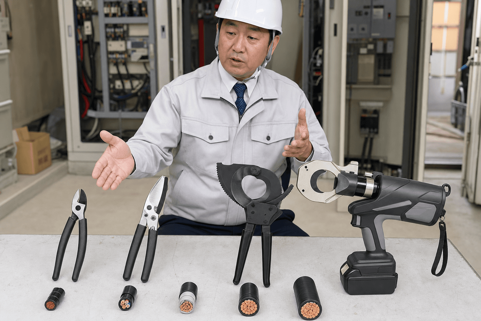 手動・ラチェット式・充電式ケーブルカッターを比較するイメージ