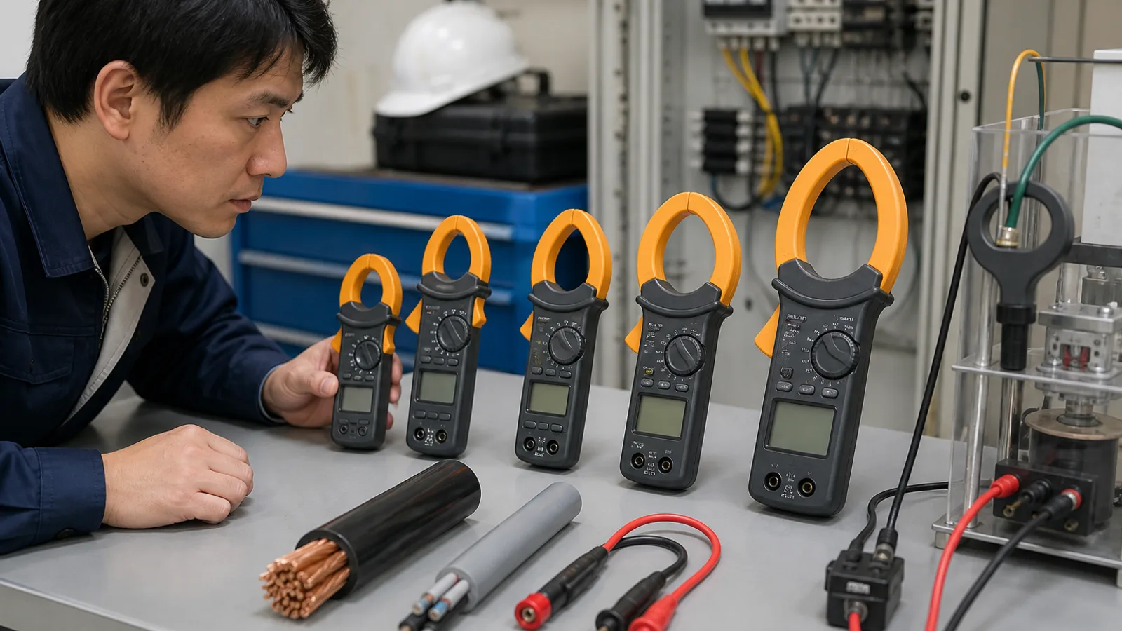 負荷電流用・漏れ電流用・AC/DC用のクランプメーターを比較するイメージ