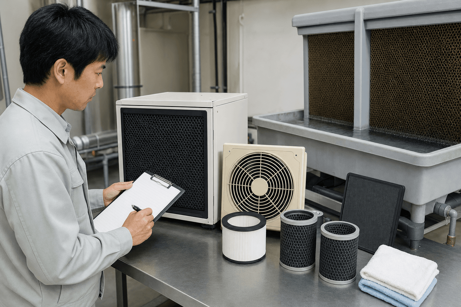 工場の脱臭機・換気扇・給水タンク・フィルターの清掃と交換を確認するイメージ