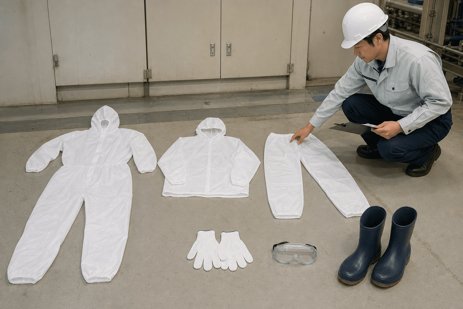工場の臭気源清掃で使い捨て保護服・手袋・長靴を確認するイメージ