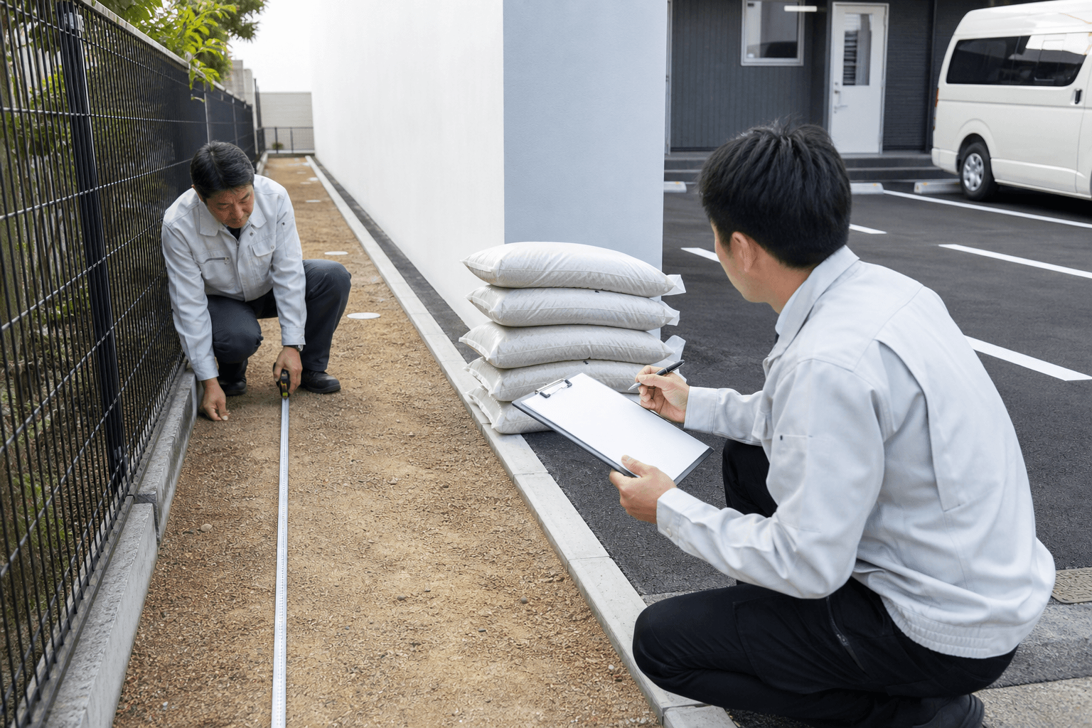 施設外周の施工面積を測り防草砂の袋数を計算するイメージ