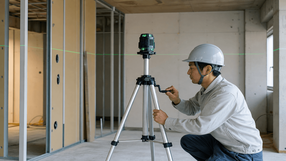 三脚でレーザー墨出器の高さを調整するイメージ