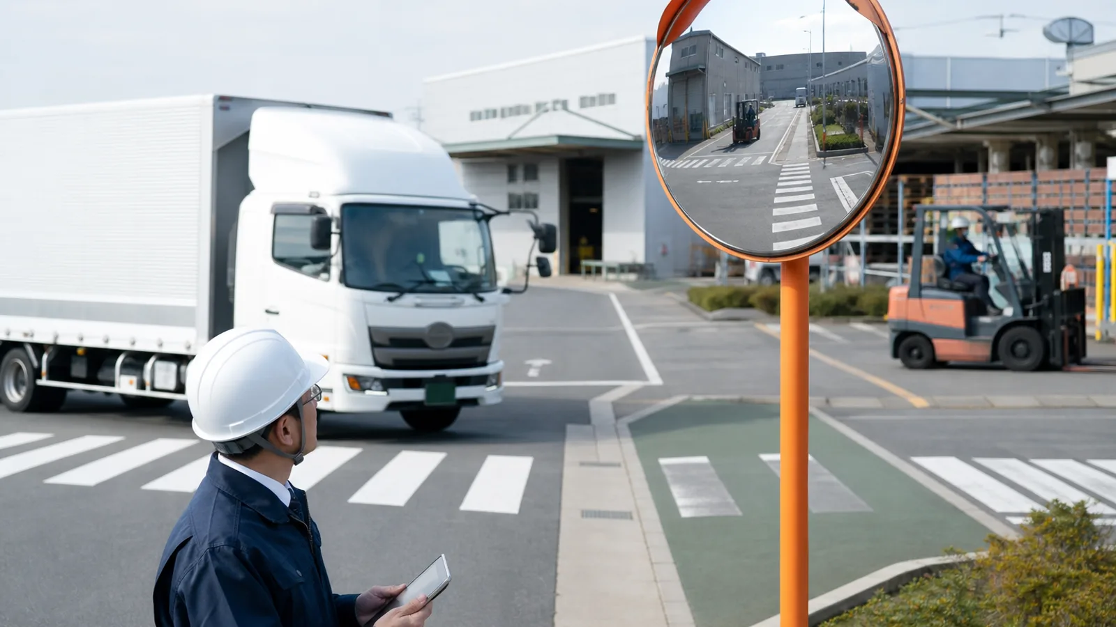 工場・倉庫の構内交差部に大型カーブミラーを設置するイメージ