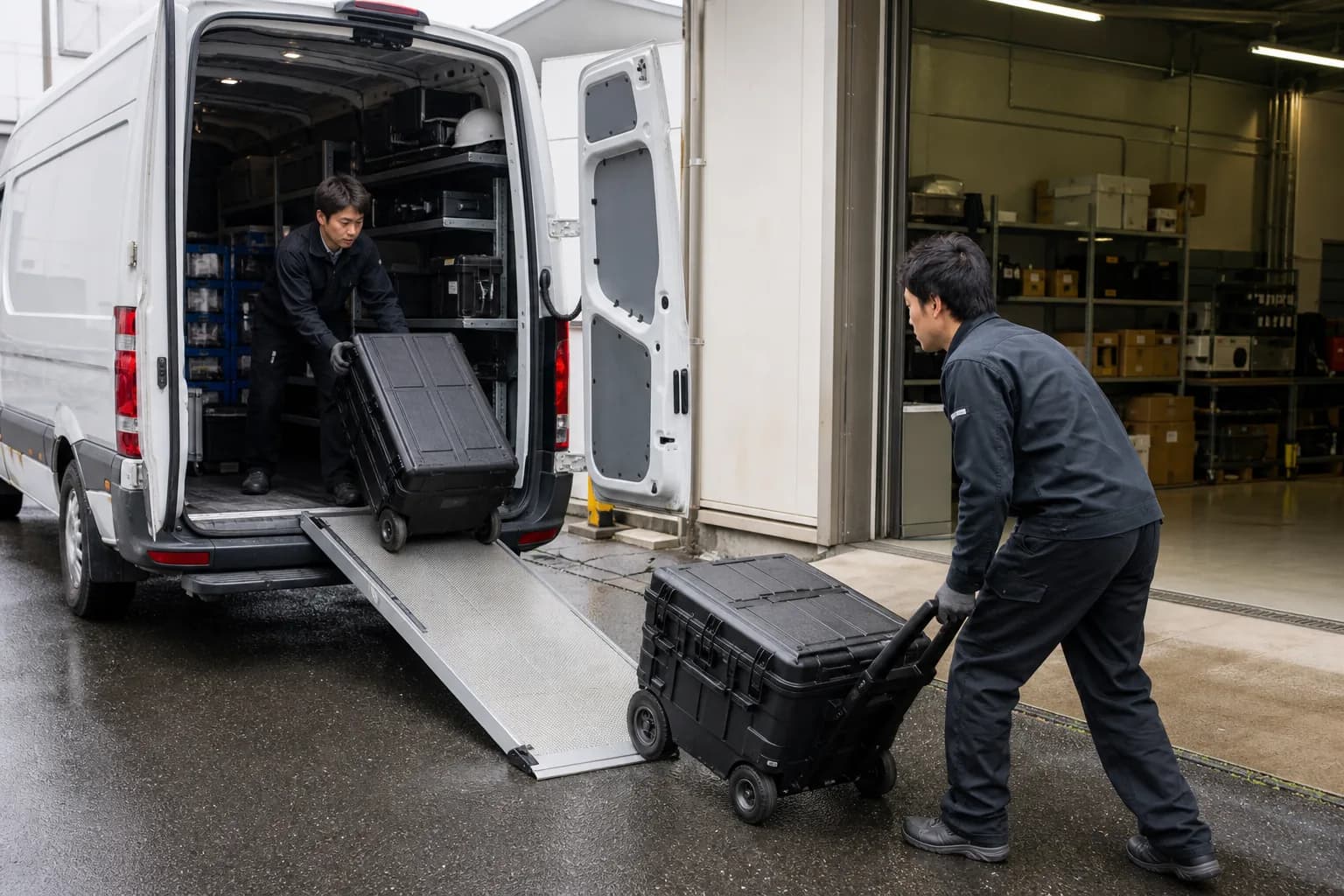 キャスター付き保護ケースを車両へ積み込む現場担当者