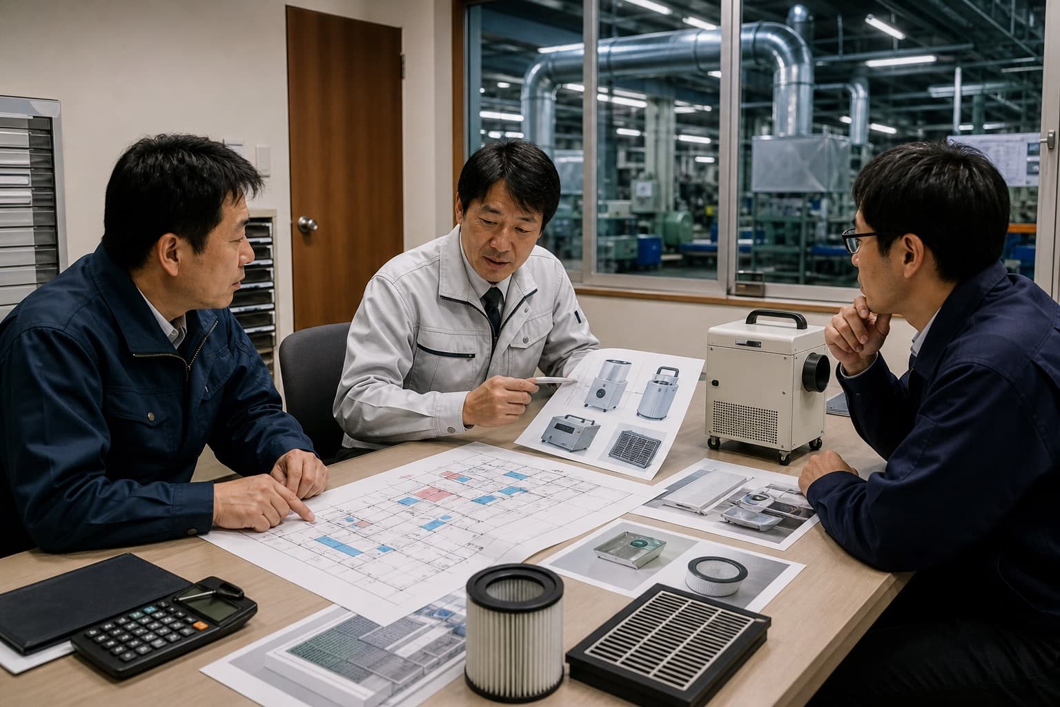 作業場の臭い対策として業務用脱臭機を選定するイメージ