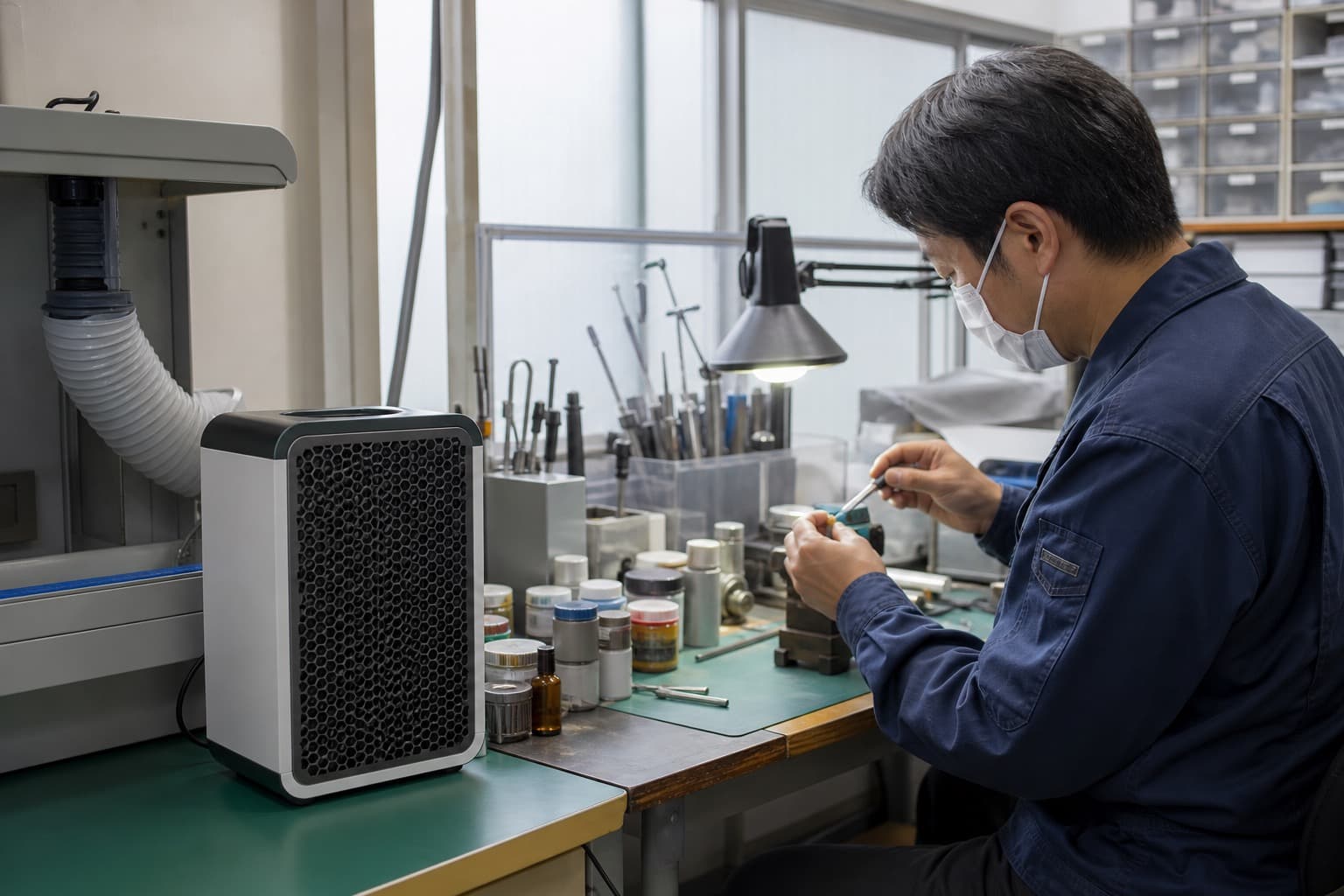 小規模な作業台で塗料や接着剤の臭いを局所脱臭するイメージ