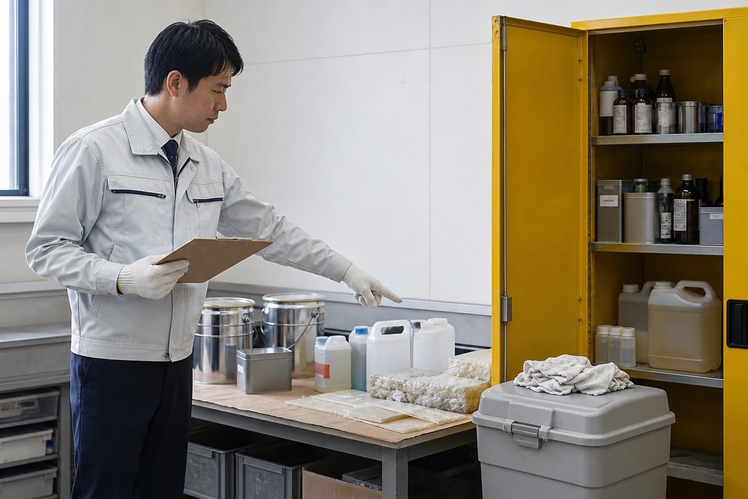 作業場で塗料・接着剤・樹脂・薬品の臭いの発生源を確認するイメージ