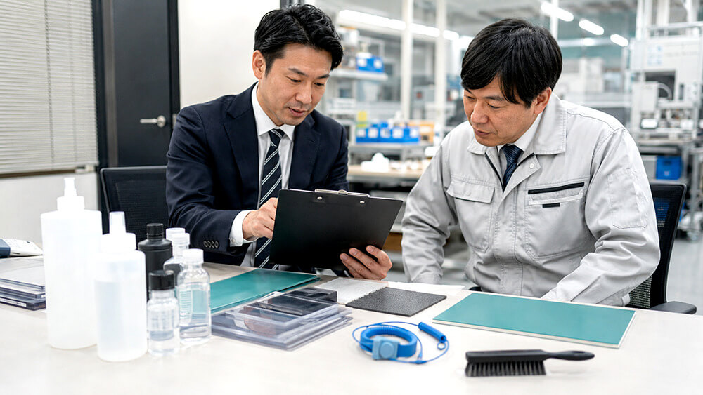 法人担当者が静電気対策用品の備品リストを確認するイメージ