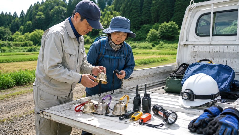 熊よけ鈴や電子ホイッスルを農作業前に確認するイメージ