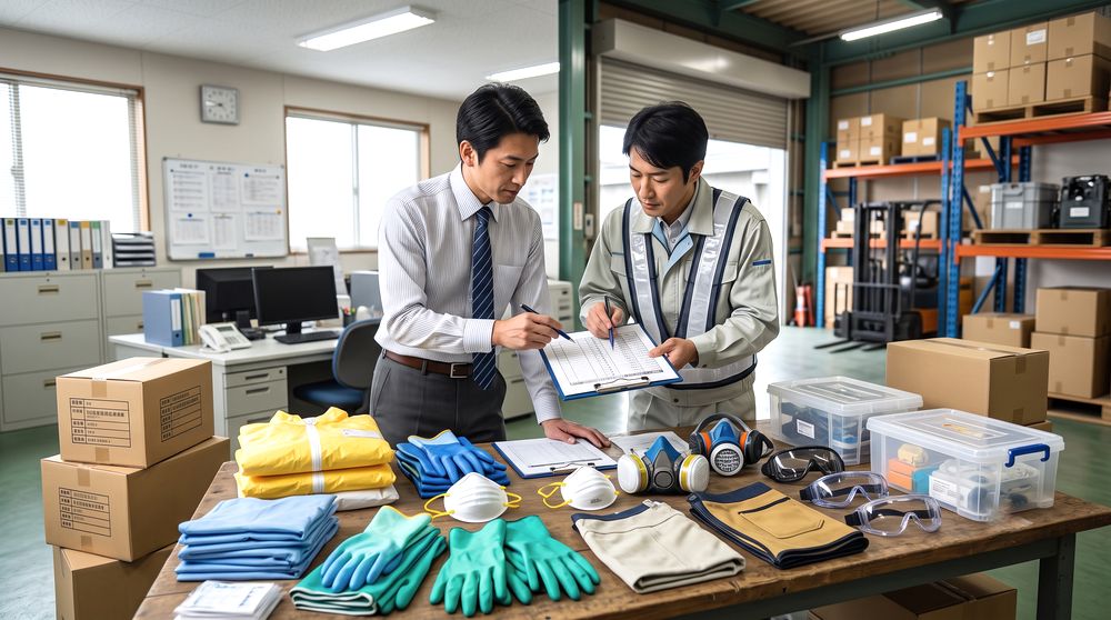 法人担当者が化学防護用品の備品リストを確認するイメージ