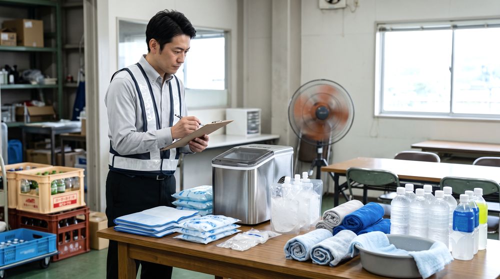 休憩所で冷却ジェルや製氷機とアイススラリーを準備するイメージ