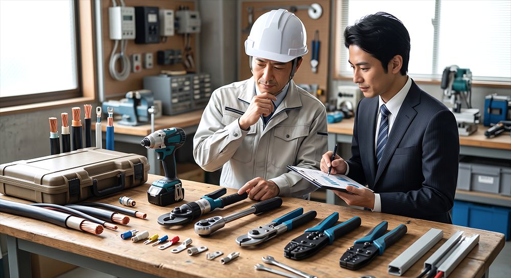 電設工事用のケーブルカッターや圧着工具を選ぶイメージ