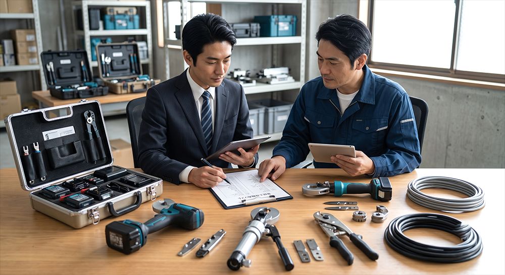 法人担当者が電設工具の備品リストを確認するイメージ