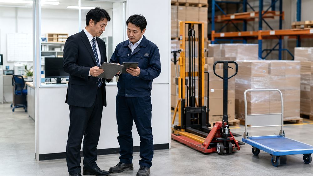 電動ハンドパレットトラックで重量物を運ぶイメージ