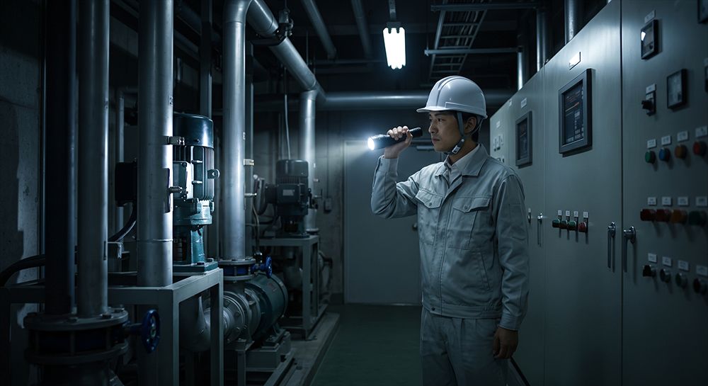 懐中電灯で設備点検を行うイメージ